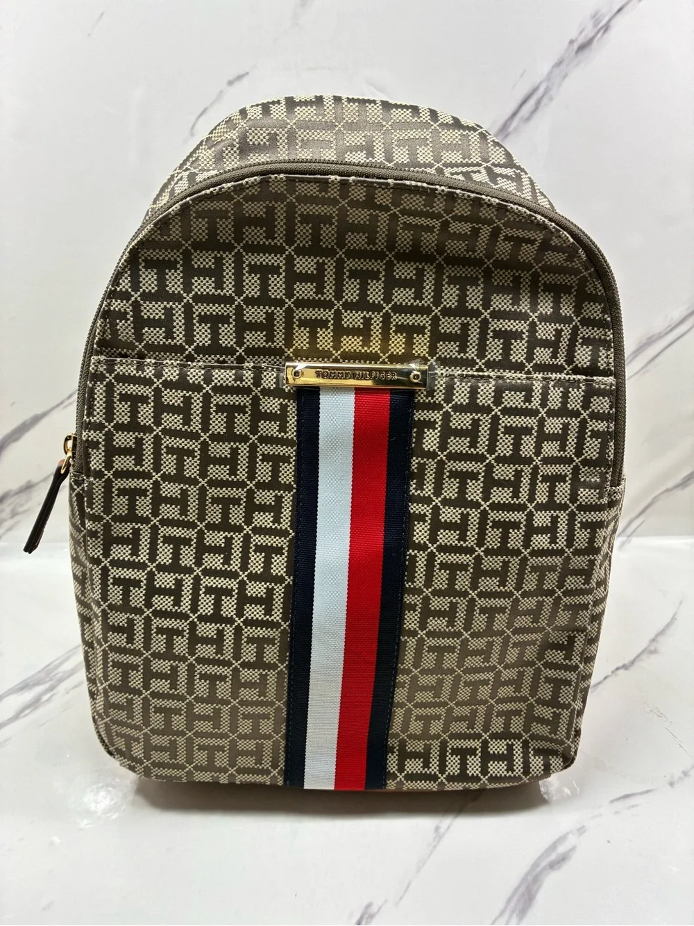 Tommy Hilfiger Beige Monogram Backpack with Red-White-Blue Stripe